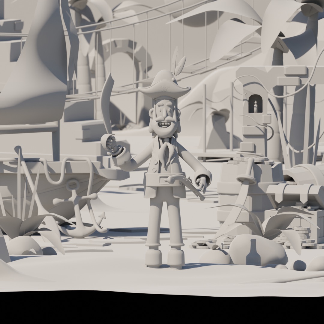 Clay render of the pirate scene